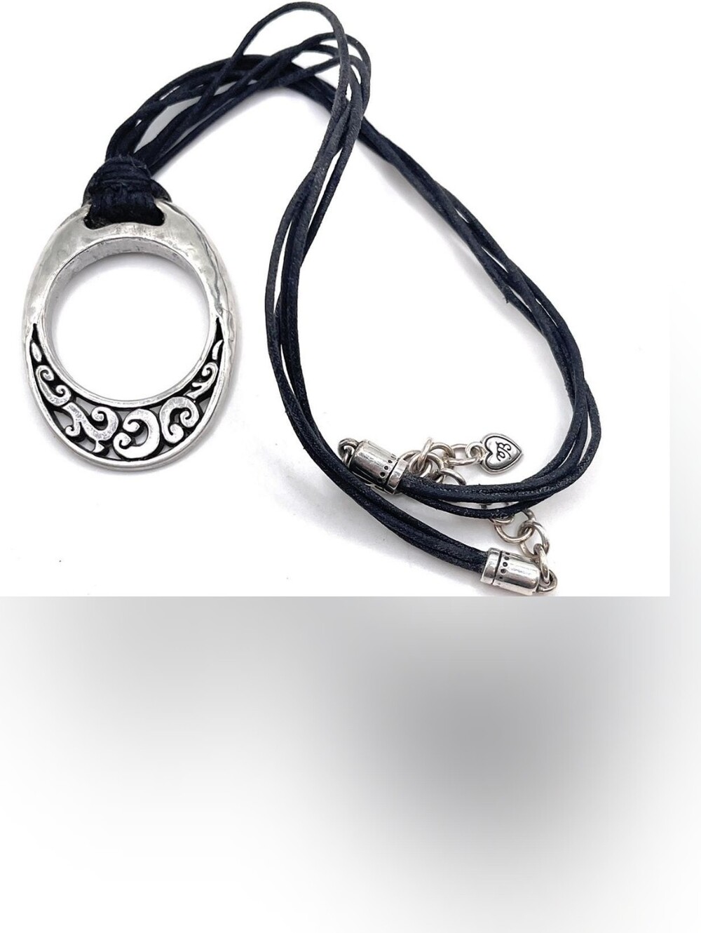 Brighton Black Cord Silver Swirl Open Oval Pendant Necklace
